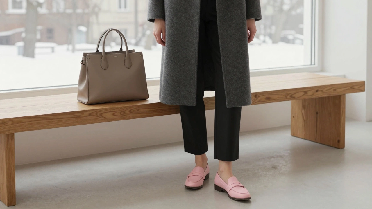 Минималистичный образ с пудрово-розовыми туфлями и черными брюками в зимнем интерьере.