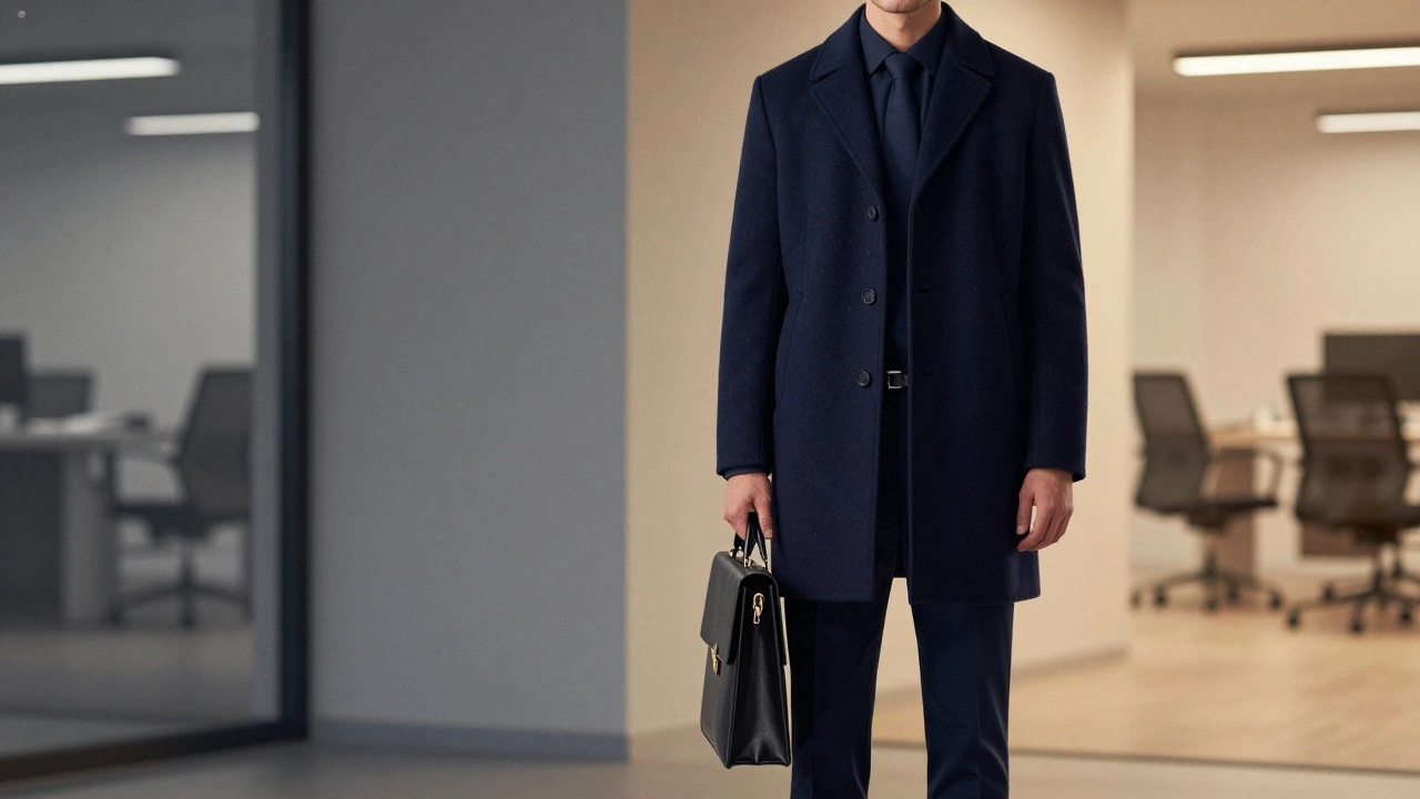 Мужчина в темно-синем пальто в офисе с теплым освещением.