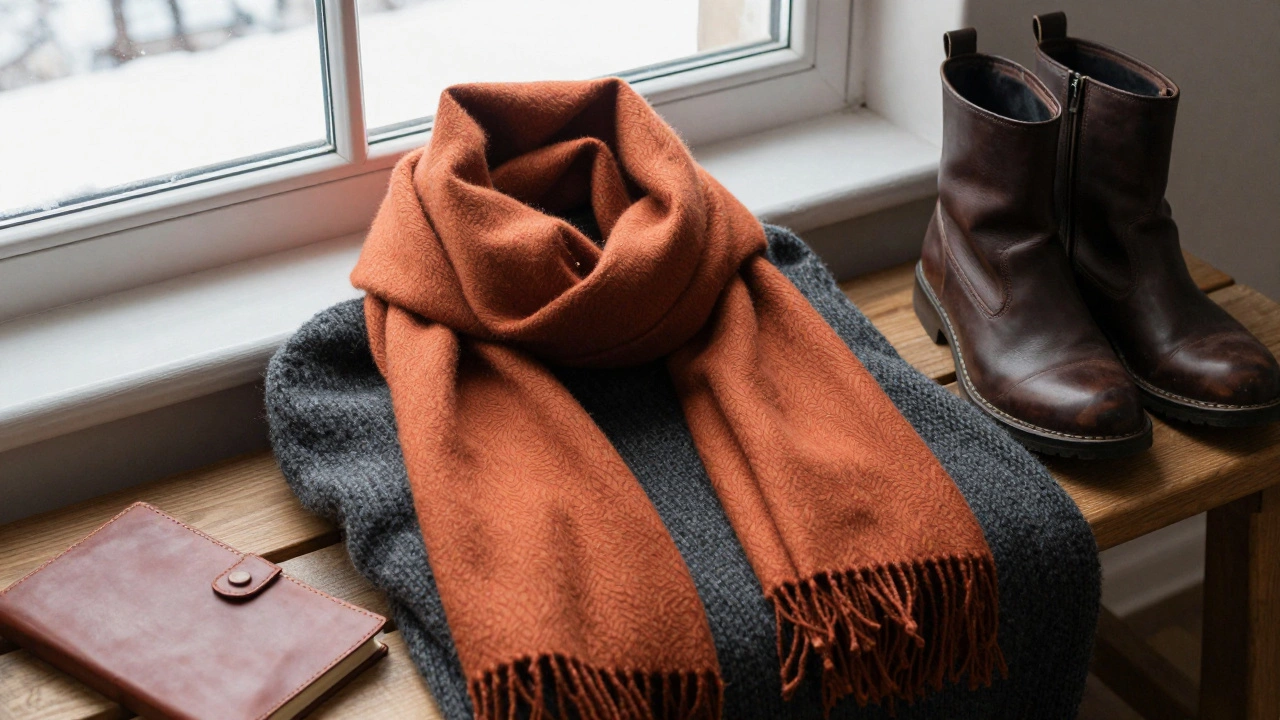 Оранжевый шарф на сером свитере рядом с ботинками и блокнотом у окна.