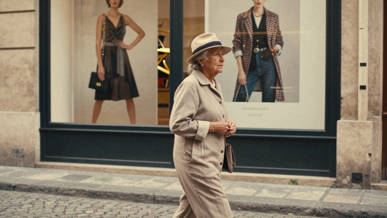 Пожилая женщина в старой шляпе идёт по парижской улице, её стиль — искренний и вне моды.