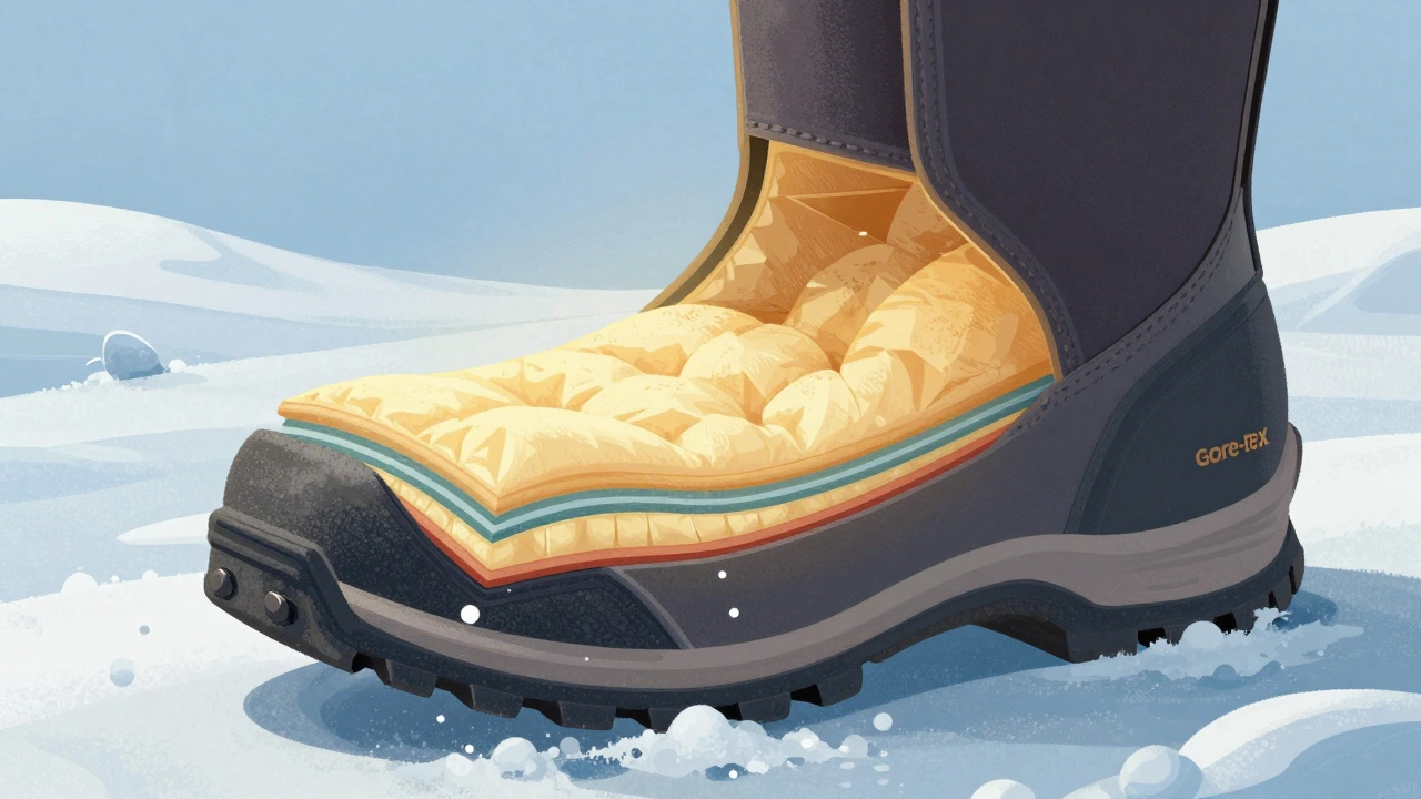 Разрез зимнего ботинка: показаны термоизоляция Thinsulate, мембрана Gore-Tex и резиновая подошва с вставками.