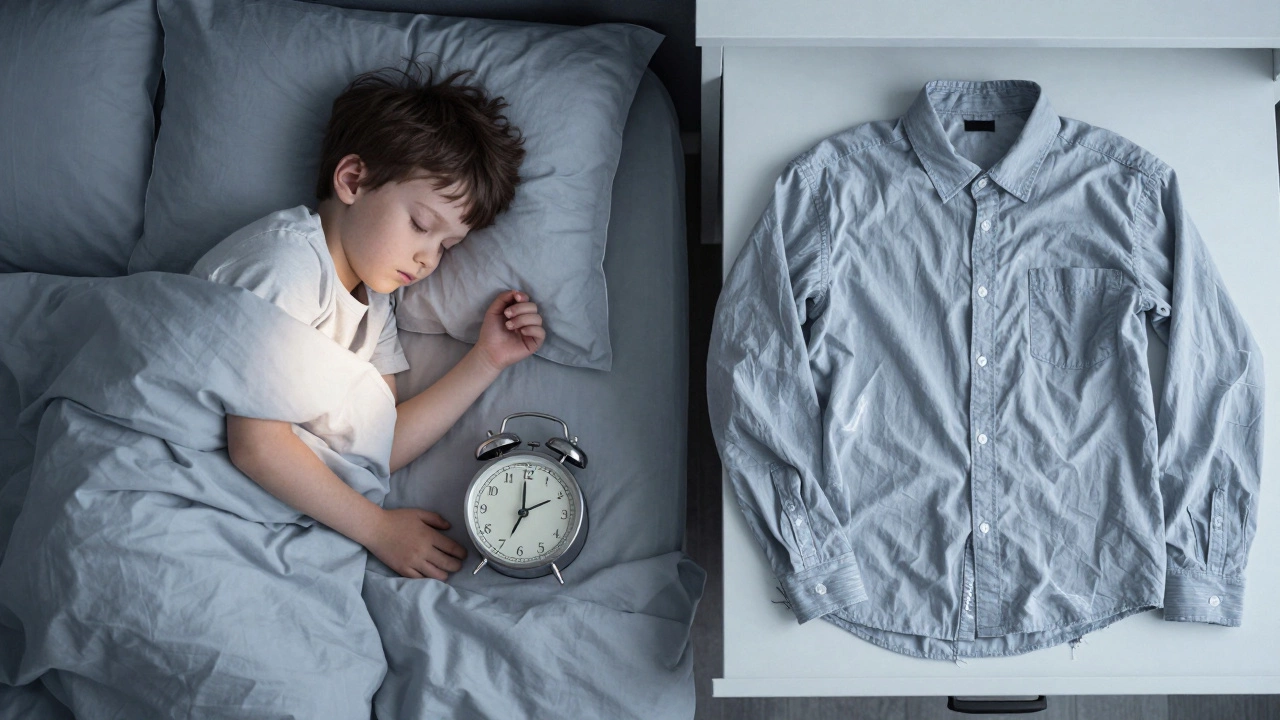 Ребёнок спит под перкальным бельём, рядом — потёртая поплиновая рубашка в ящике, символизируя долговечность и упадок.