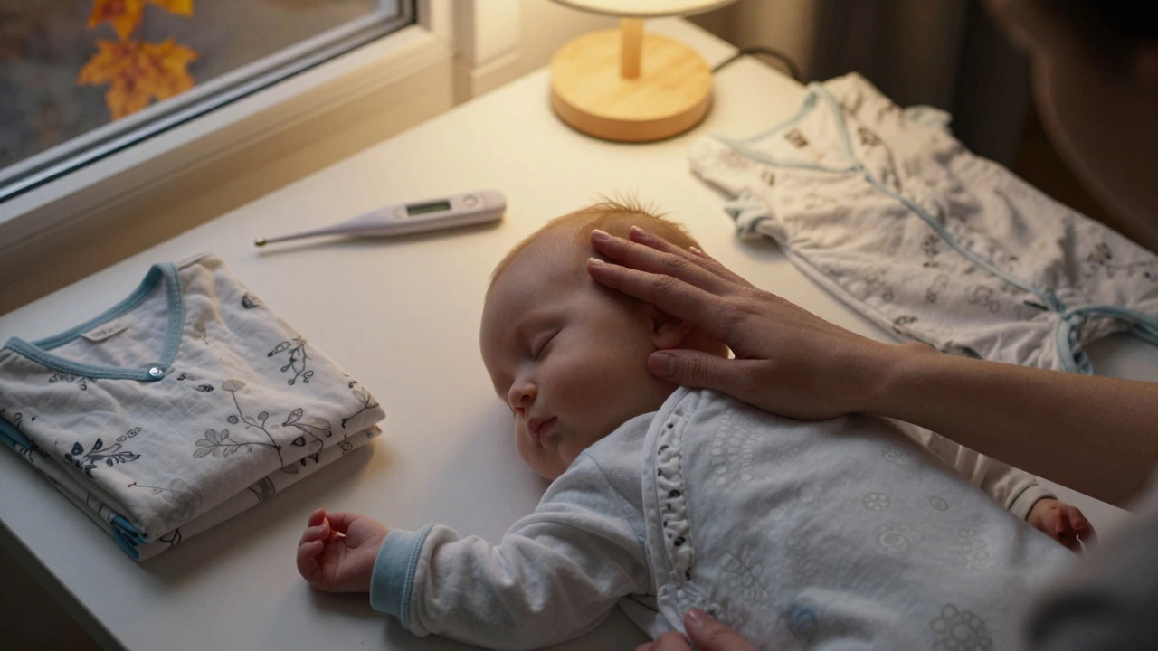 Рука родителя проверяет температуру шеи спящего ребёнка, рядом термометр и запасная пижама.