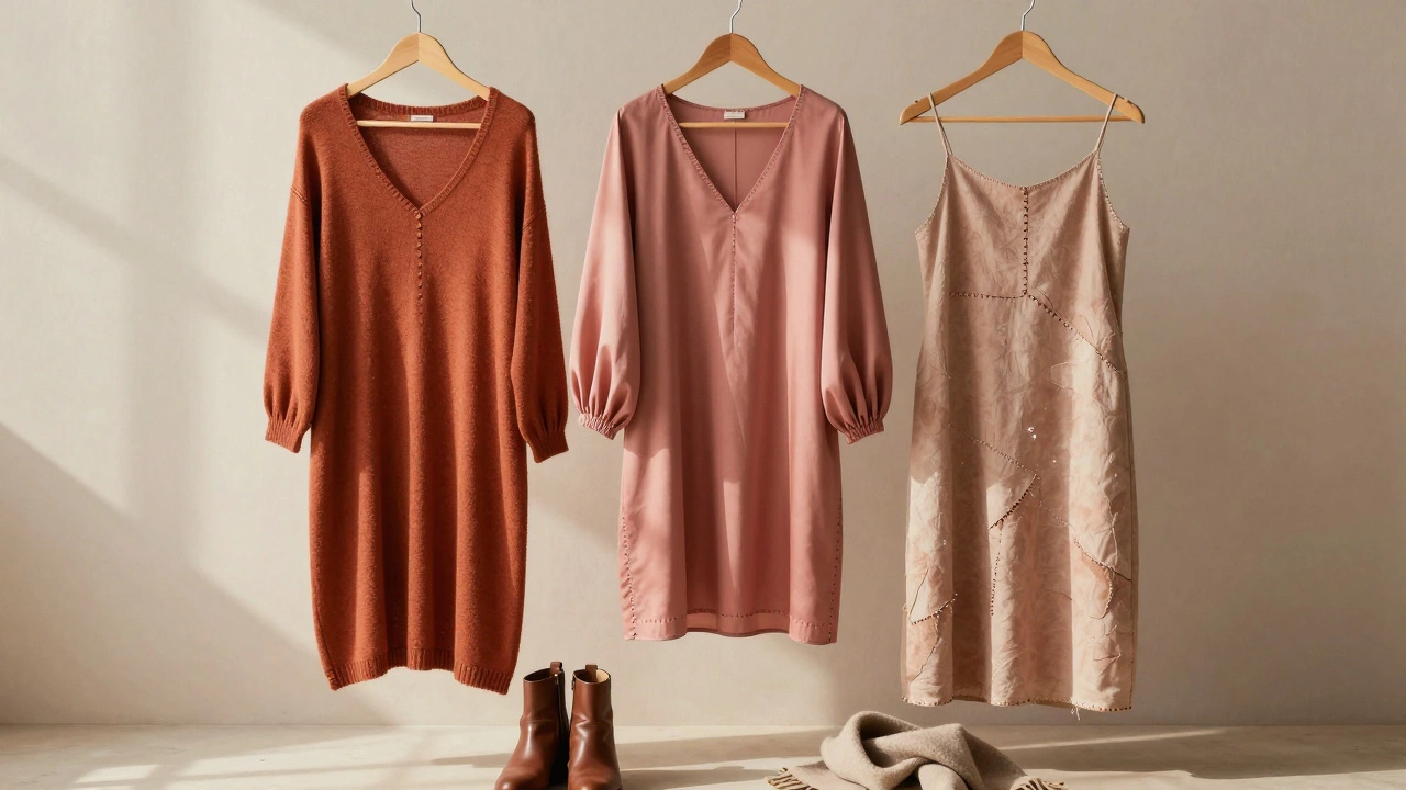 Три экологичных платья на вешалках: трапециевидное, с фонариками и из переработанных тканей, с аксессуарами.