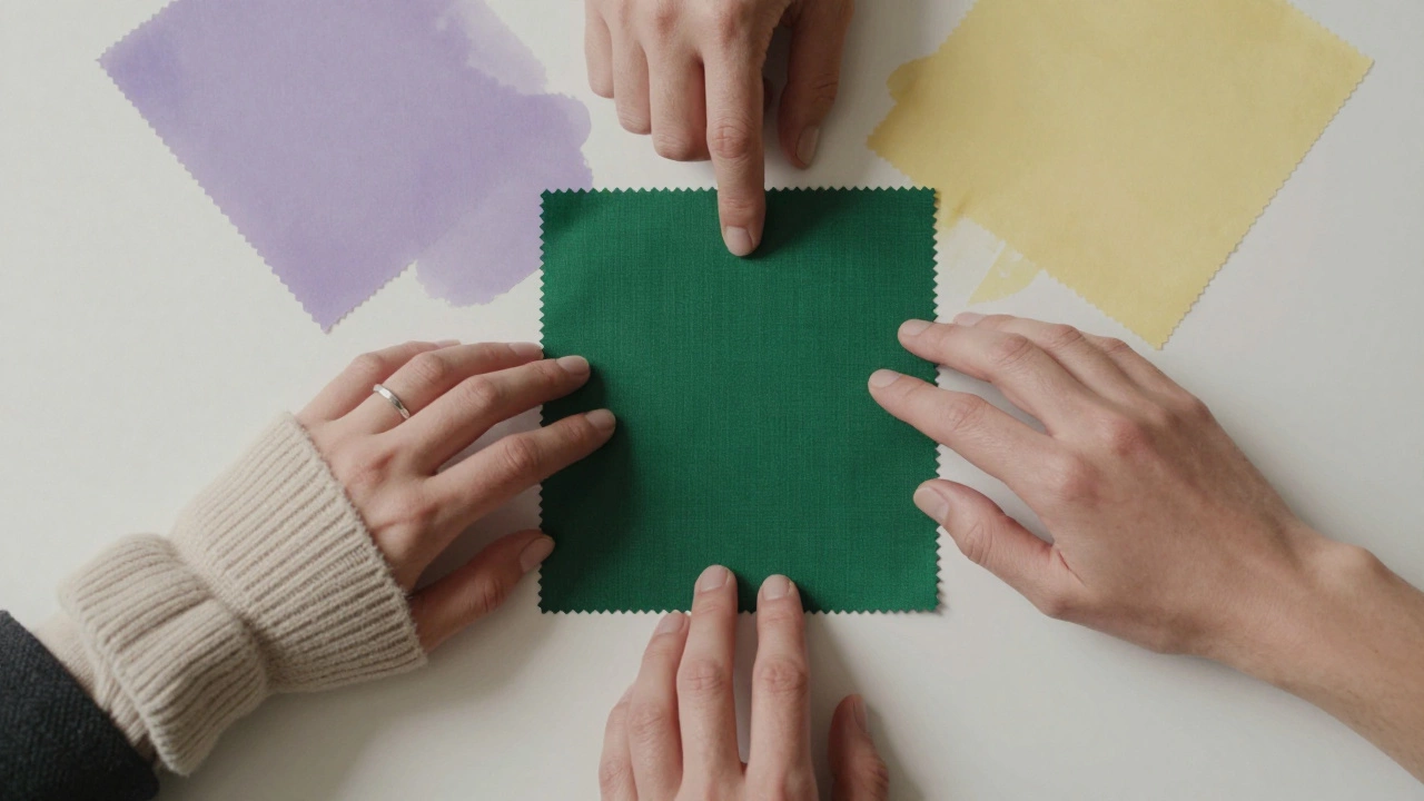 Три руки тянутся к зеленому отрезу ткани, фон с затухающими оттенками фиолетового и желтого.