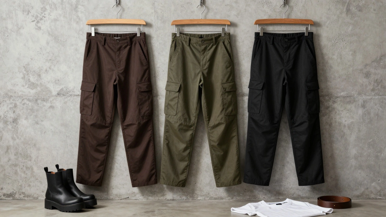 Три современных карго-брюка на вешалке с обувью и футболкой на бетонной стене.
