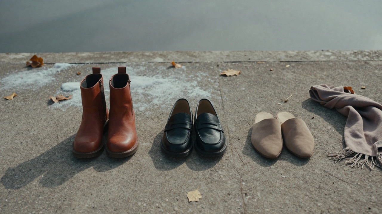 Три трендовые модели обуви 2024 года: терракота, матовый черный и песочный оттенок на бетоне.