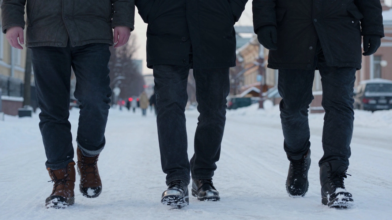Трое мужчин в разной зимней обуви: одна промокла, одна прочная, одна элегантная — на фоне снежного города.