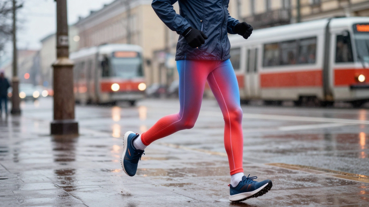 Бегун с тепловыми картами тела: тепло в центре, холод в конечностях, в правильной осенней экипировке на мокрой улице.