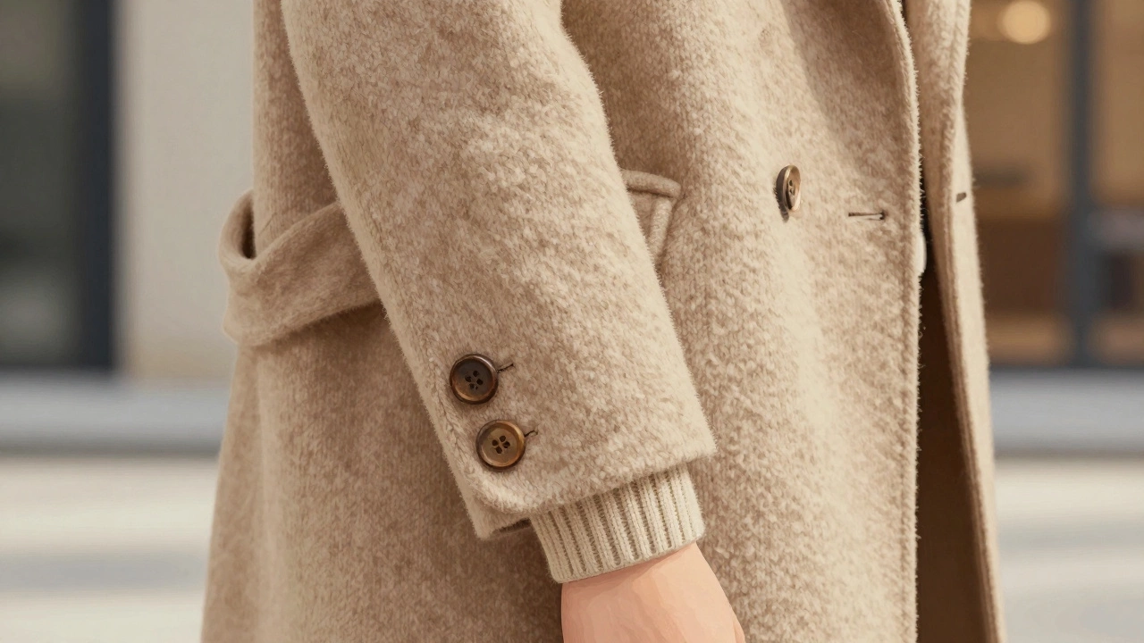 Деталь рукава пальто с манжетами, расположенным чуть выше запястья, поверх вязаного свитера.