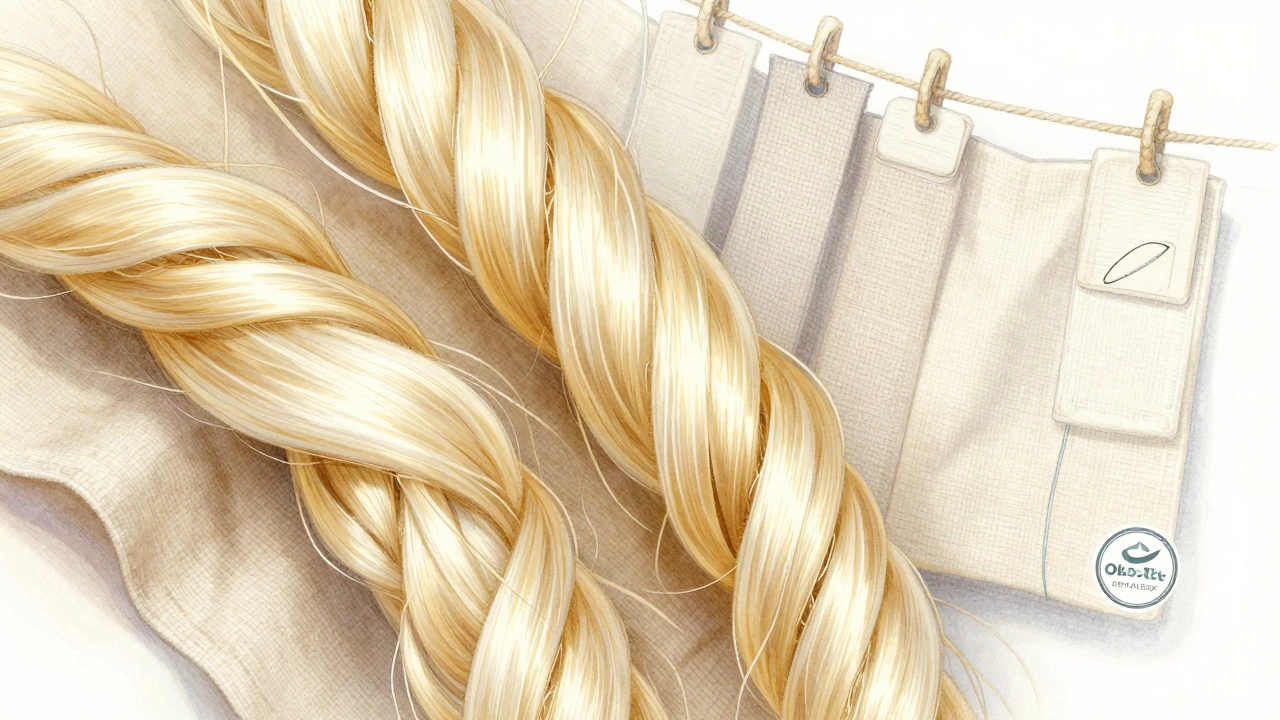 Детализированный вид ткани сатинового переплетения и льняных нитей с сертификатом качества.