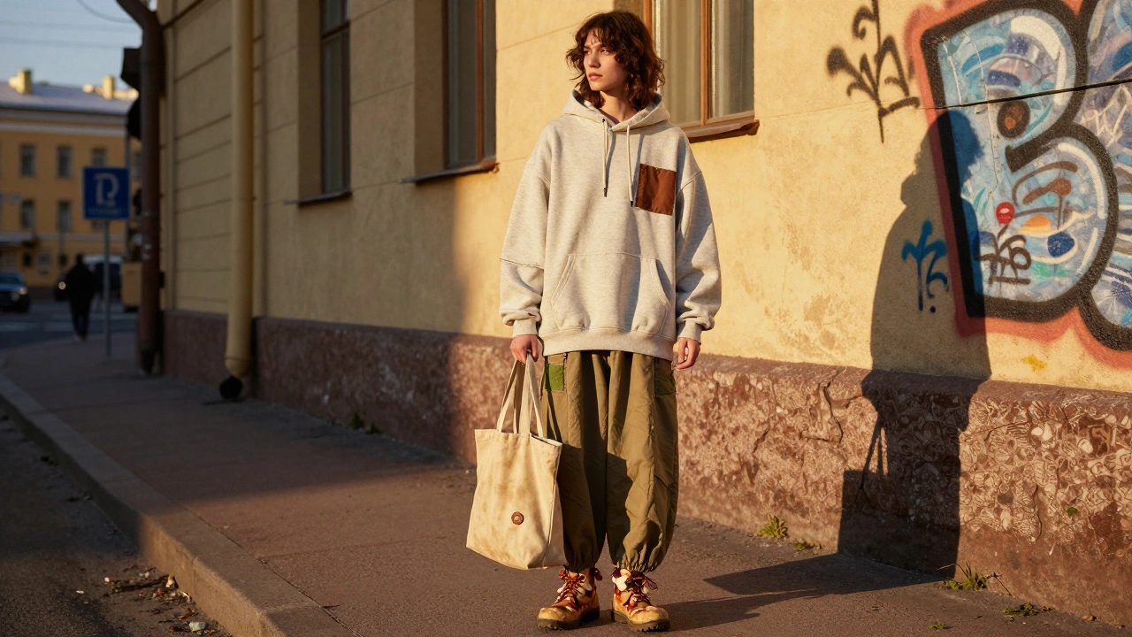 Молодой человек в Санкт-Петербурге в уличном стиле с элементами эко-одежды, в худи с заплатками и обувью из грибного материала.