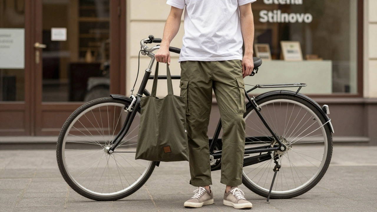 Мужчина в брюках-карго оливкового цвета стоит рядом с велосипедом в городской среде.