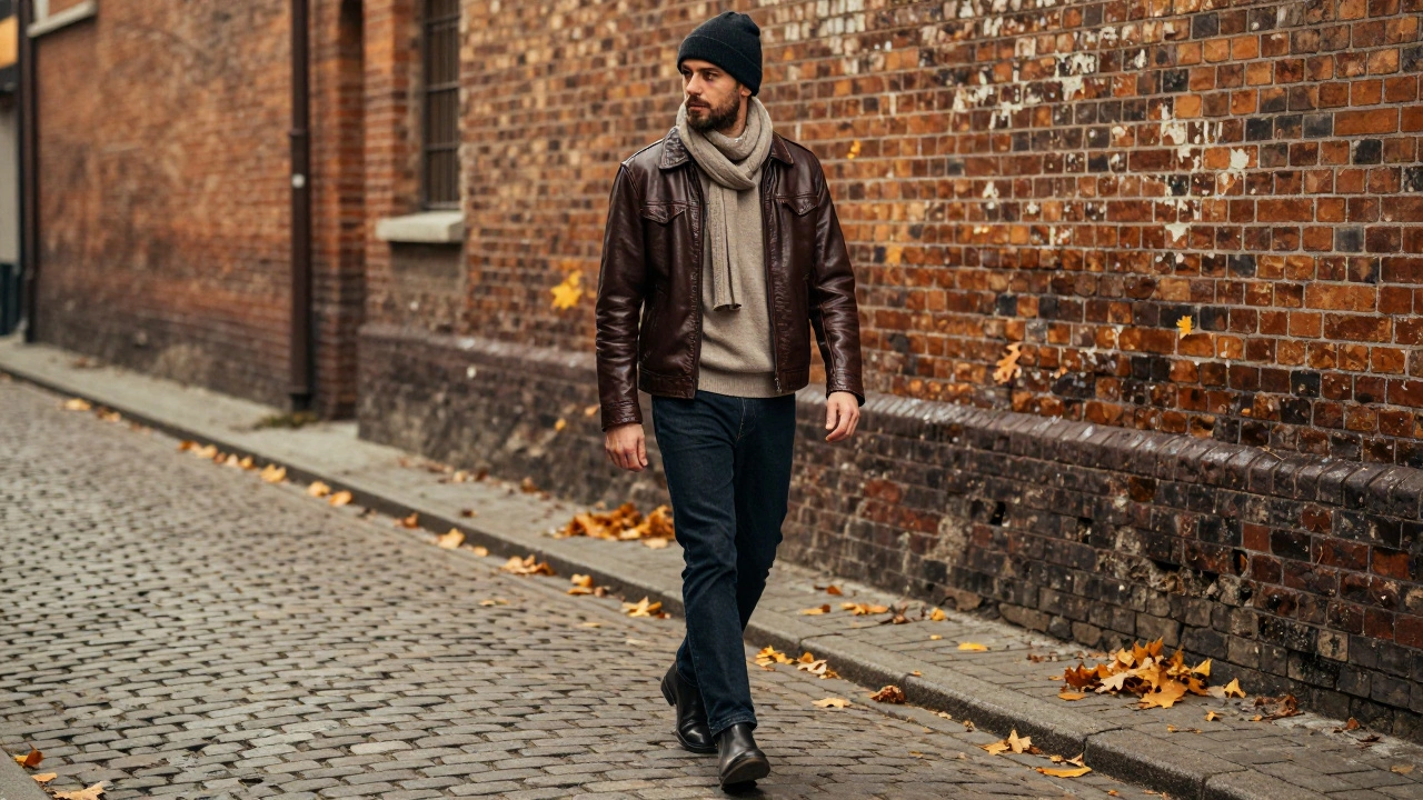Мужчина в кожаной куртке и темных джинсах идет по осеннему переулку с шапкой и ботинками.