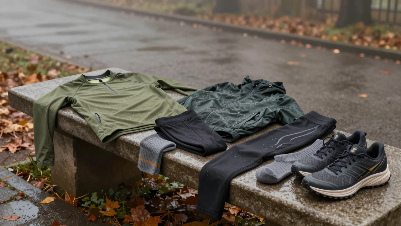 На скамейке лежат слои одежды для осеннего бега: базовый слой, флис, ветровка, леггинсы, носки и кроссовки.