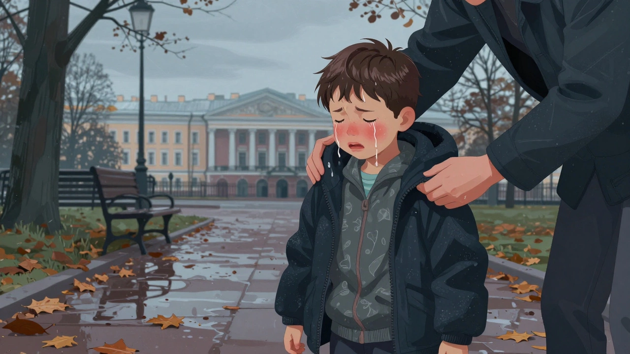 Ребенок потеет от перегрева в парке из-за слишком теплой одежды