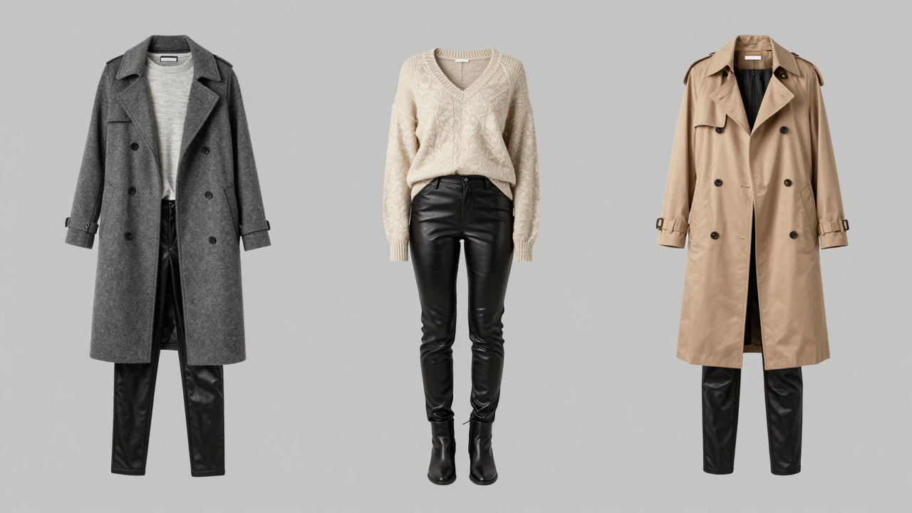 Три слоя образов с кожаными брюками: зима, весна, осень — в стиле вертикальной композиции.