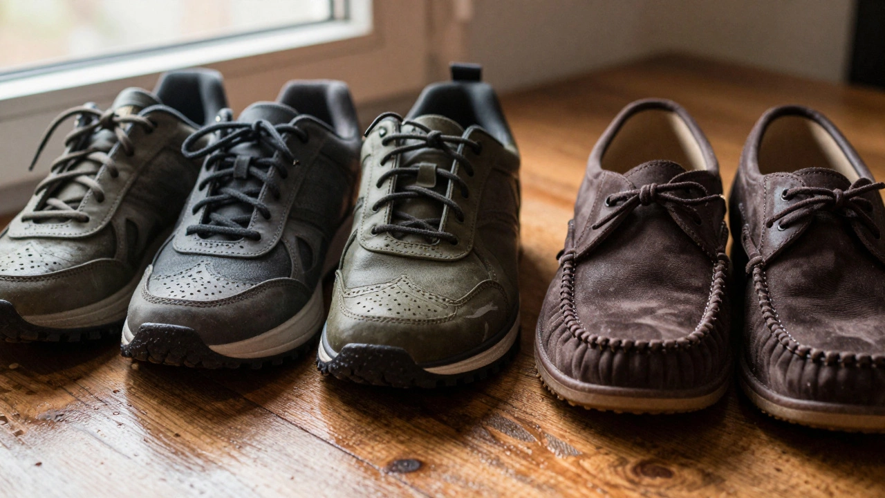 Три вида осенней мужской обуви 2024 года: броги, кроссовки и мокасины на резиновой подошве.
