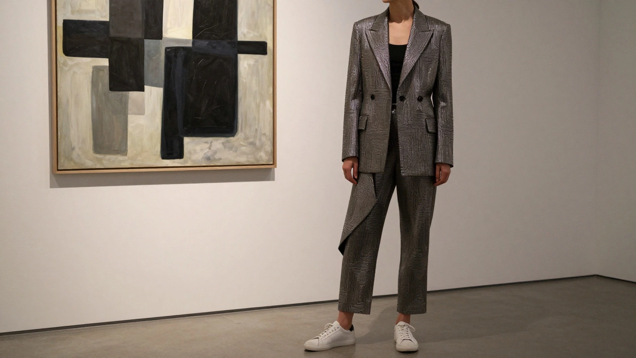 Женщина в арт-деко стиле с геометрическим узором на пиджаке стоит в галерее рядом с абстрактной картиной.