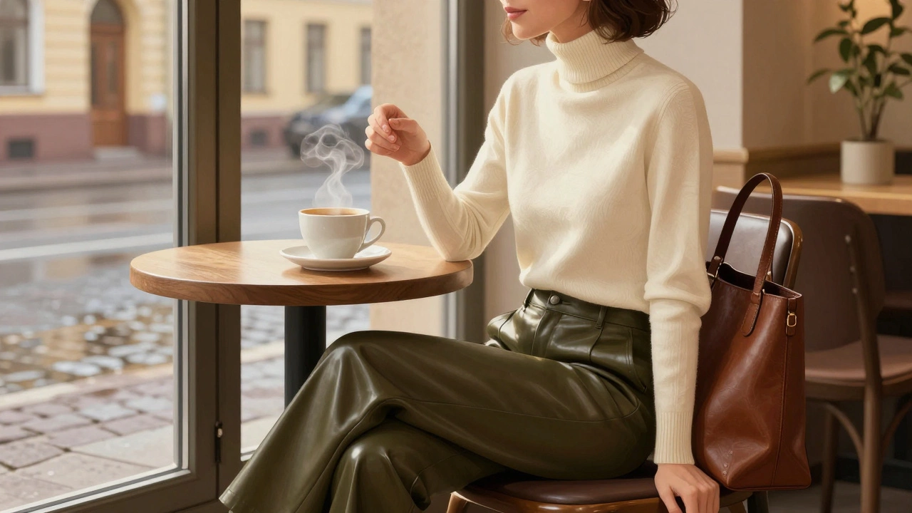 Женщина в кожаных брюках и вискозной водолазке сидит в кафе в Санкт-Петербурге.