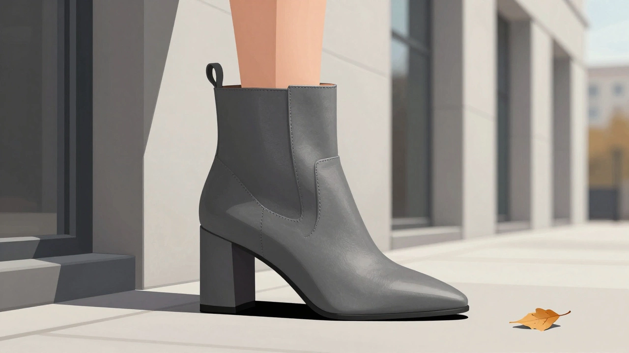 Женский сапог с квадратным носком на фоне архитектурного здания в Москве