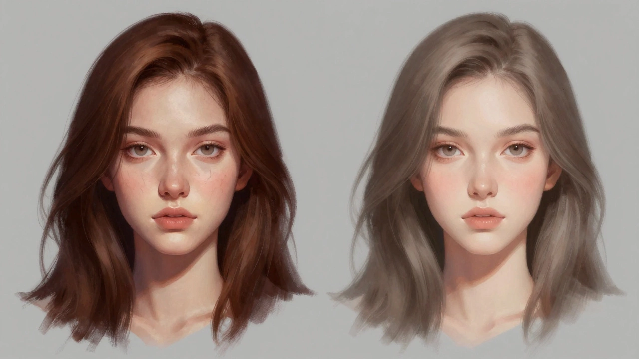 Два оттенка волос: темный каштан с резкими тенями и мягкий пепельно-каштановый с равномерным освещением лица.