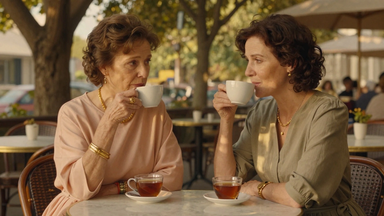 Две женщины за кофейным столиком в золотистом свете с теплыми оттенками одежды