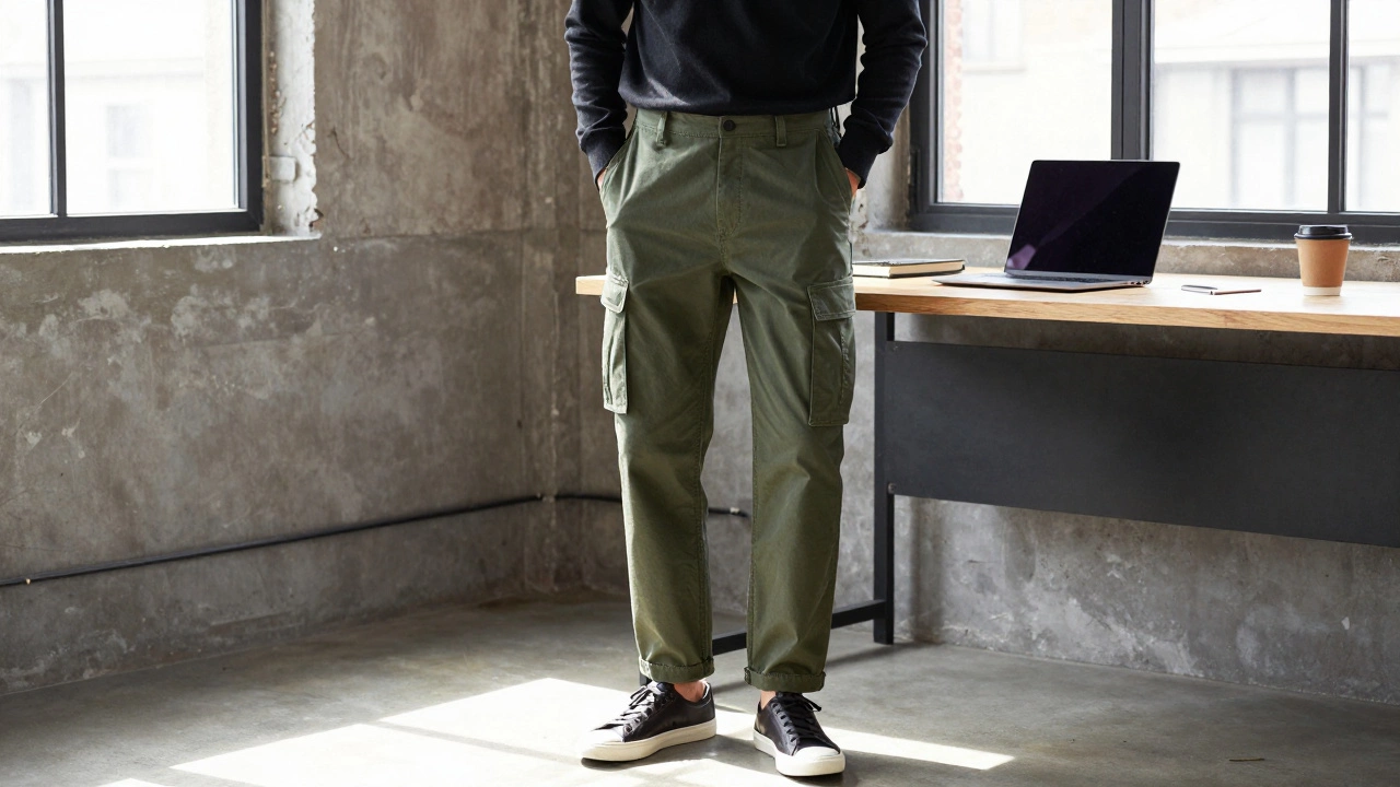 Фрилансер в оливковых карго-брюках с скрытыми карманами работает в светлом лофте.