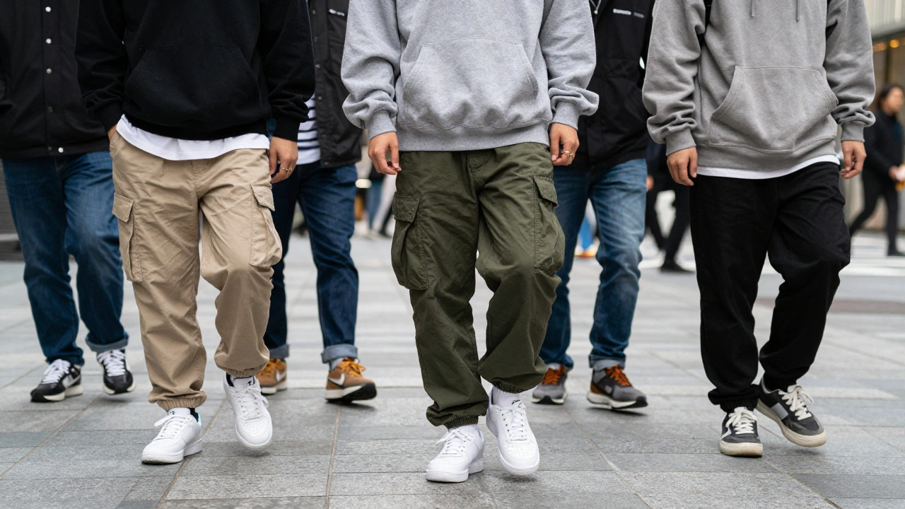 Люди в свободной уличной одежде — худи, карго и кроссовки — в городской среде.