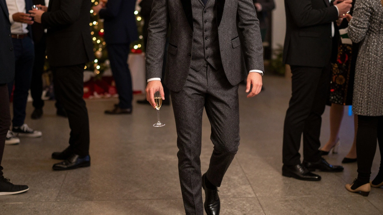 Мужчина в костюме-тройке с бокалом на праздничной вечеринке.
