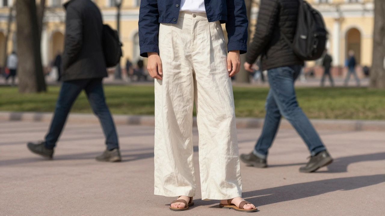 Мужчина в широких льняных брюках и коротком пиджаке стоит в парке у Летнего сада в марте.