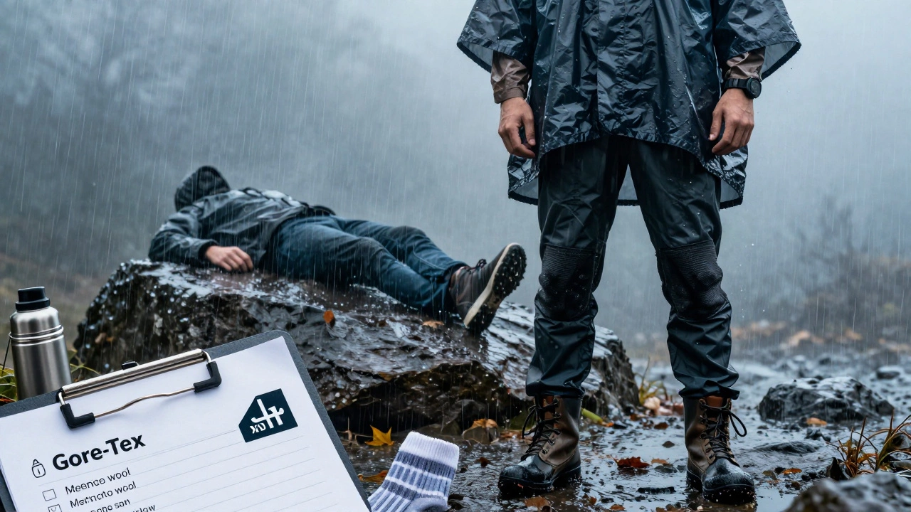 Мужчина в сухой экипировке стоит в дожде, рядом — застывший силуэт в мокрых джинсах, символизирующий опасность.