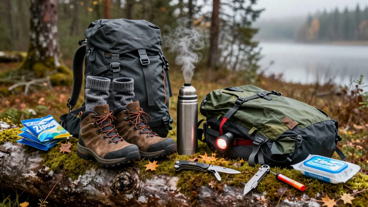 На пне лежат зимние походные вещи: ботинки, носки, термос, фонарик, дождевик и нож — всё для осеннего похода.