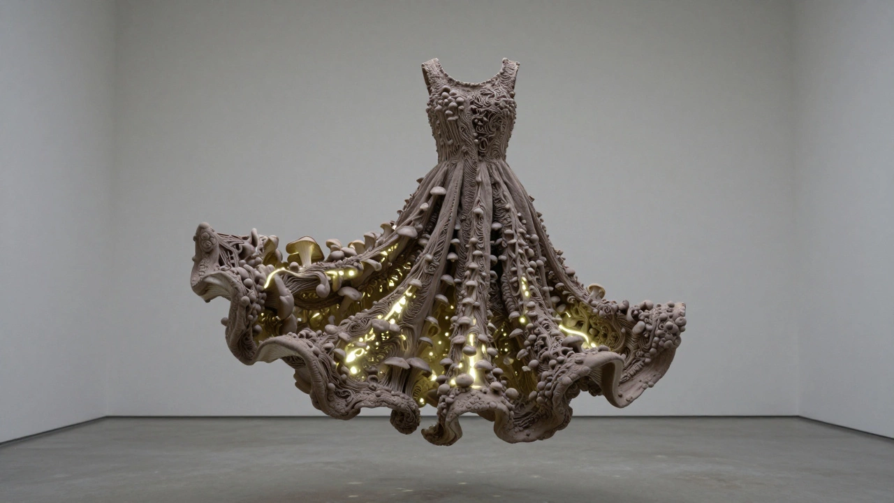 Одежда из биоматериалов: платье из грибных волокон с природными оттенками, мягкий свет, атмосфера уюта и технологичной природы.