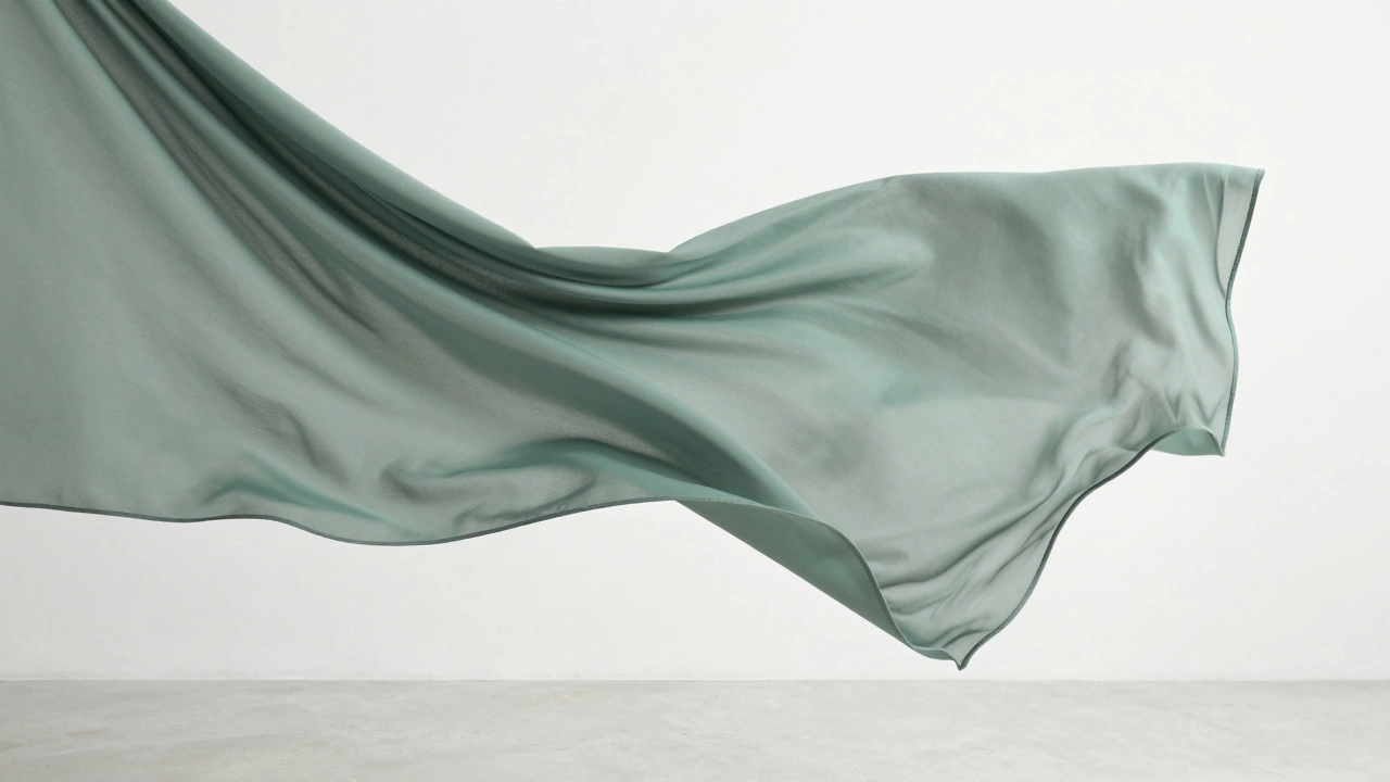 Плавное драпирование экологичного тенселя в студии на нейтральном фоне.