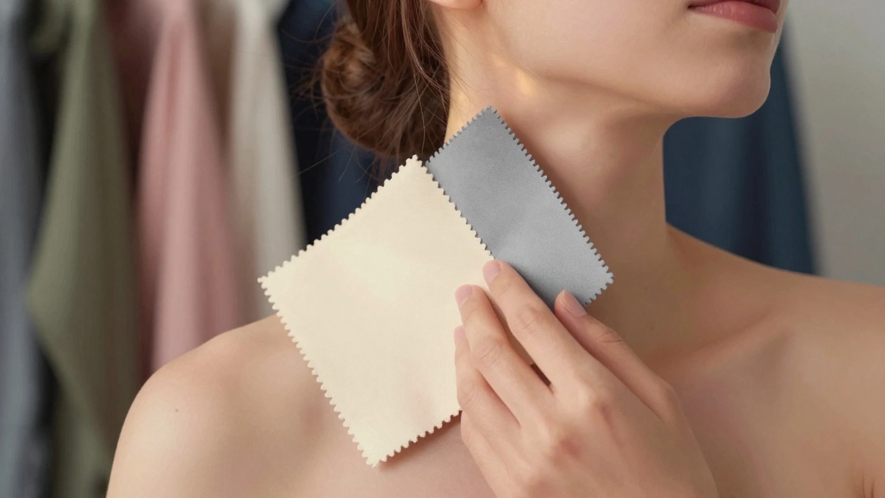 Рука женщины держит два отреза ткани — теплый кремовый и холодный серый — у шеи под утренним светом.