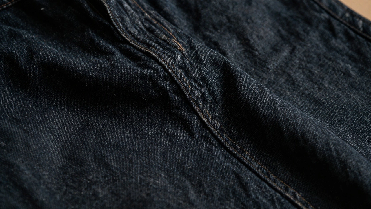 Темный необработанный деним с акцентом на текстуру и структуру волокна.