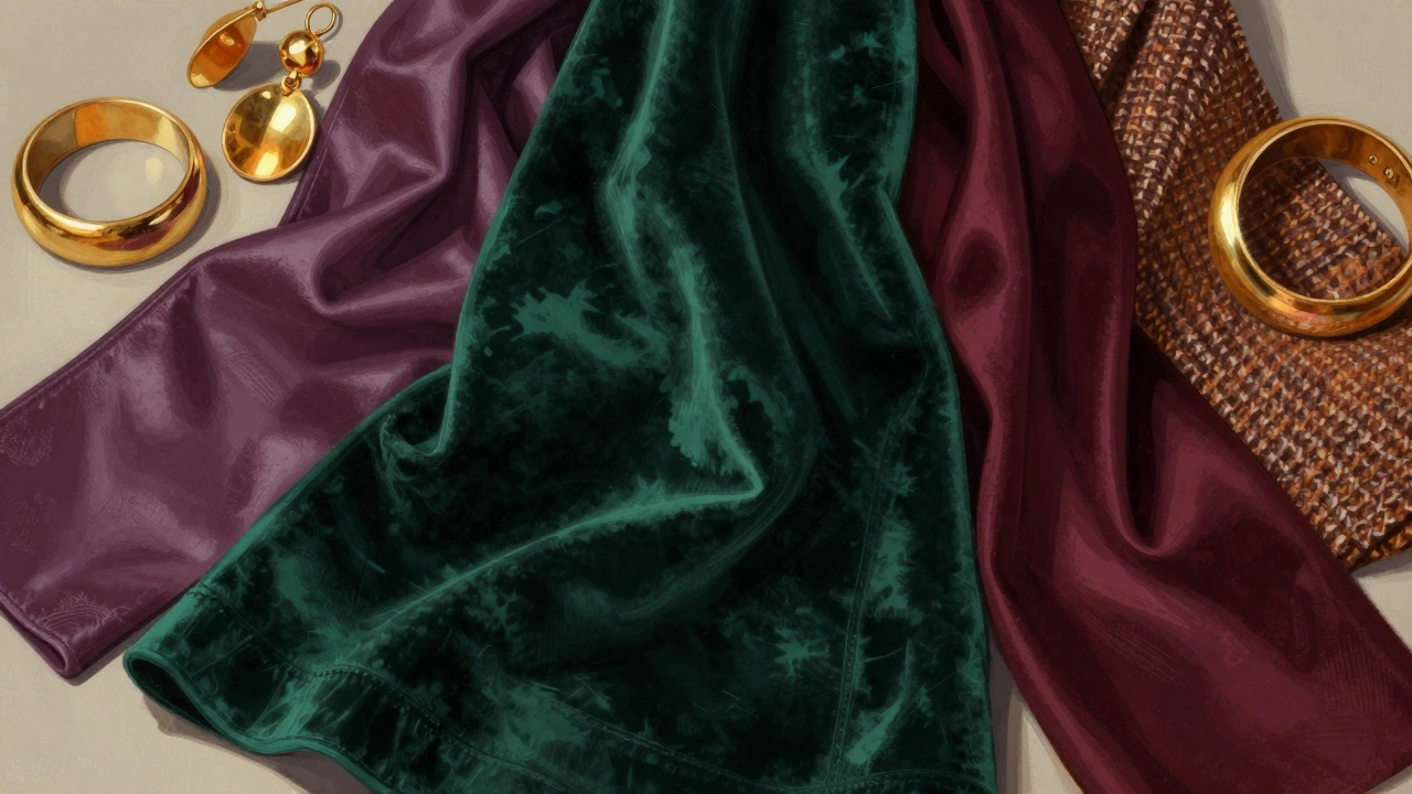 Ткани и фактуры осенних платьев: бархат, кожа, шелк и твид с золотыми украшениями