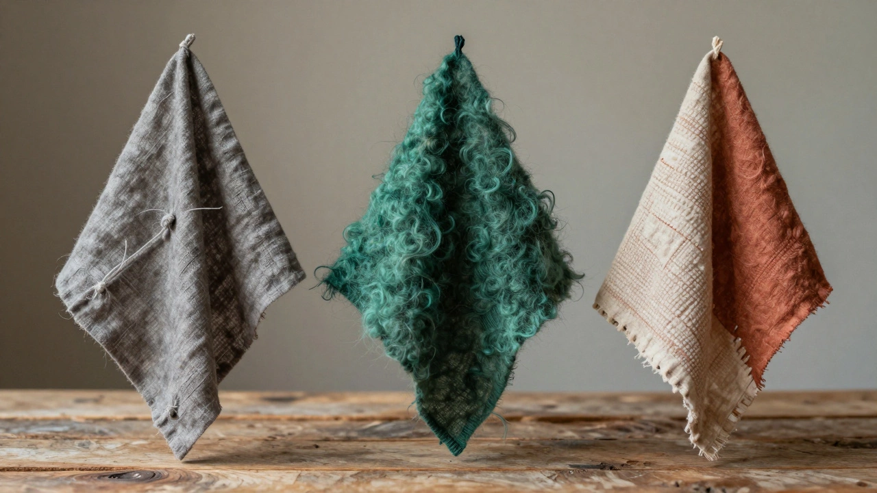 Три ткани — лен, шерсть и хлопок с вышивкой — на деревянном фоне, их текстуры и приглушенные цвета подчеркивают естественность.
