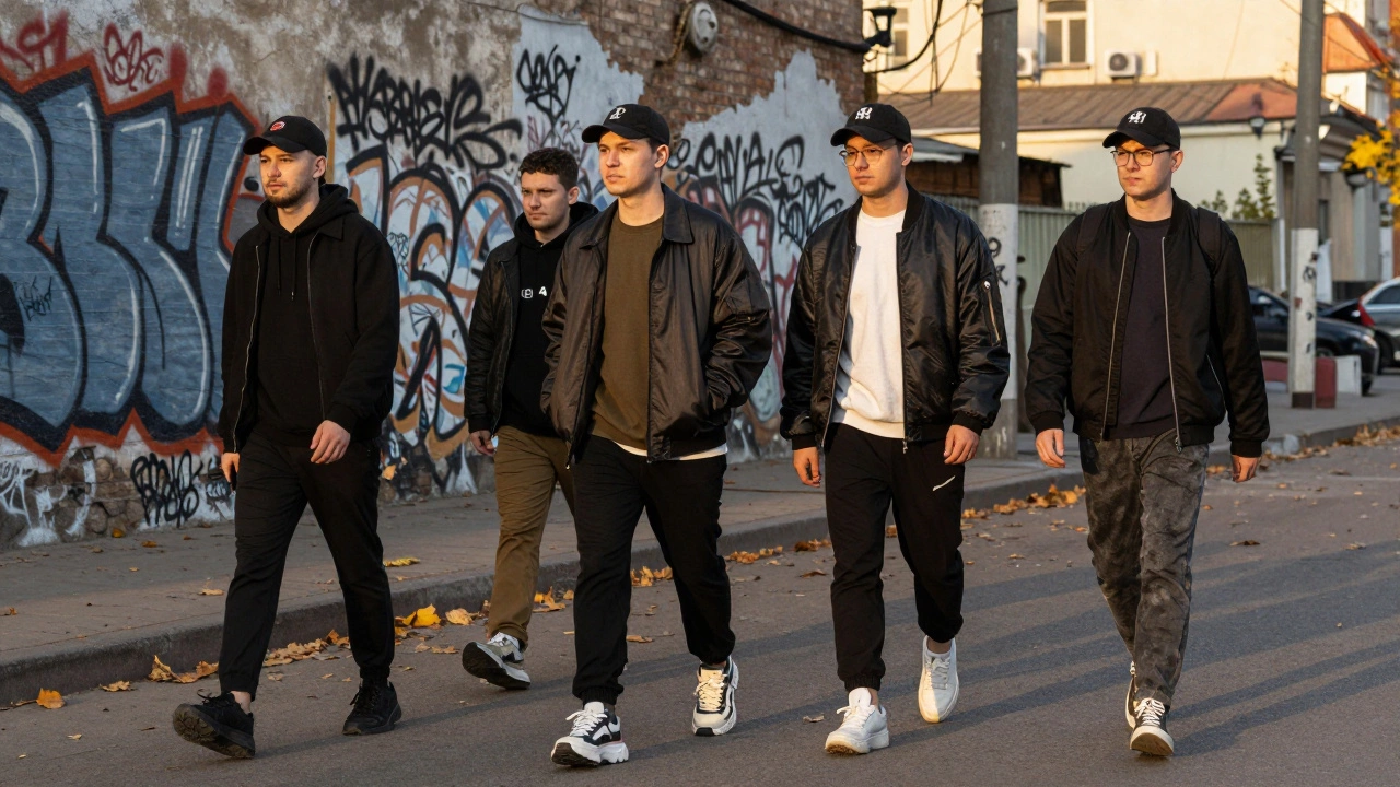 Уличный стиль на улице Москвы: объемные куртки, кроссовки с массивной подошвой, базовые элементы повседневной одежды в осеннем городе.