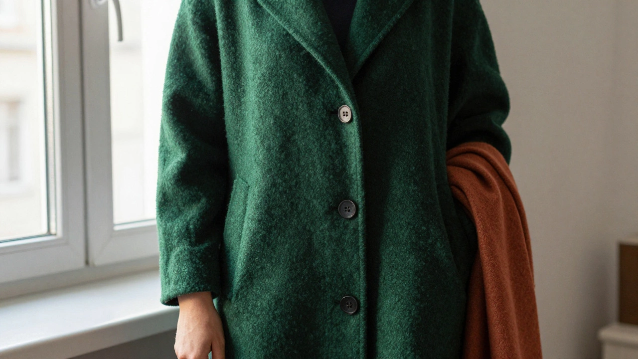 Женщина в изумрудном пальто из натуральной шерсти у окна, утренний свет подчеркивает неровности ткани и глубину цвета.