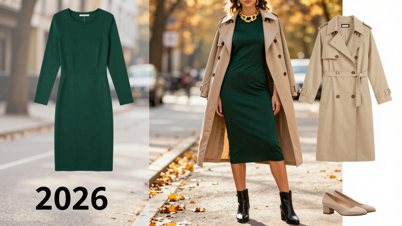 Женщина в изумрудном платье с золотыми украшениями и бежевым тренчем на городской улице