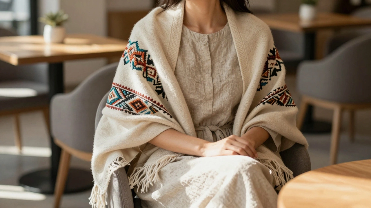 Женщина в нейтральной льняной юбке с ручной вышитой узбекской шалью в кафе.