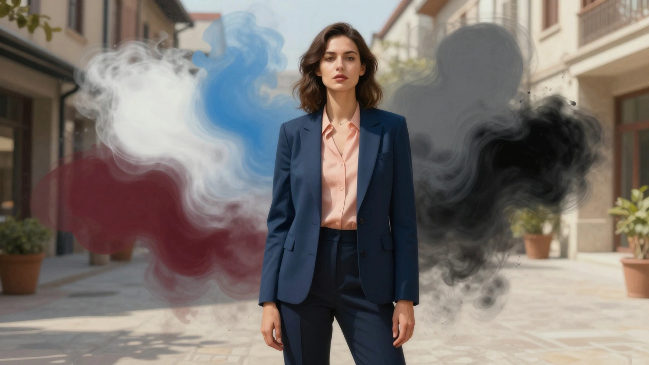 Женщина в темно-синем пиджаке и персиковой рубашке стоит на солнечном дворике, вокруг нее растворяются холодные цвета.