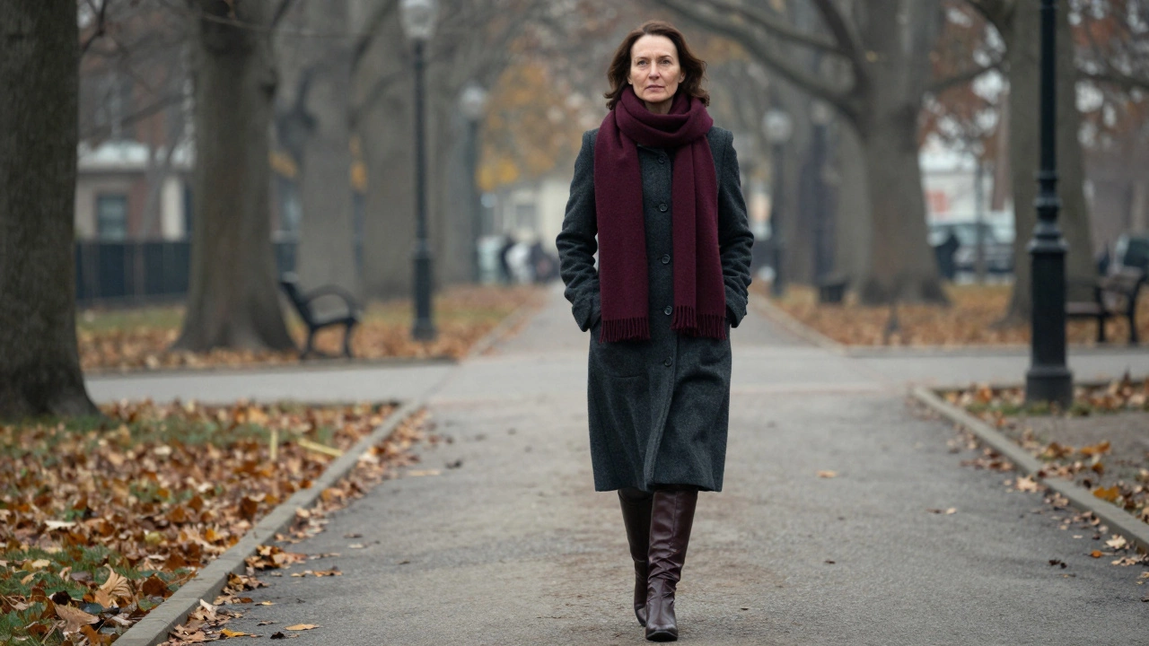 Женщина в темном пальто с бордовым шарфом гуляет осенью в парке