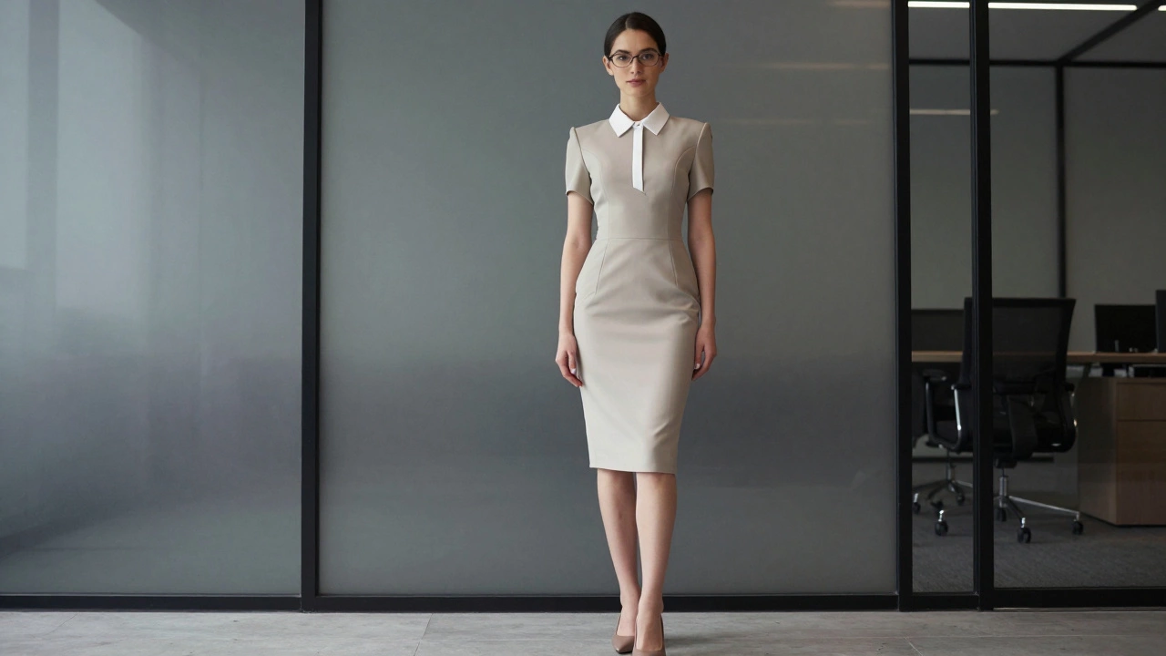 Деловой образ в стиле office siren: приталенное платье с воротником и очки