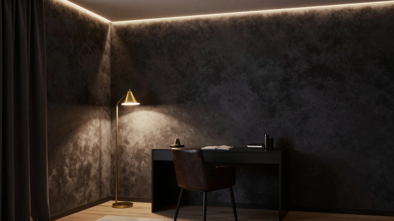 Кабинет с глубоким антрацитовым акцентом на стене и многоуровневым теплым светом
