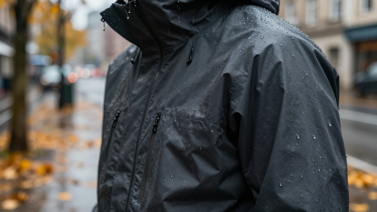 Капли дождя на водоотталкивающей ткани мембранной куртки крупным планом