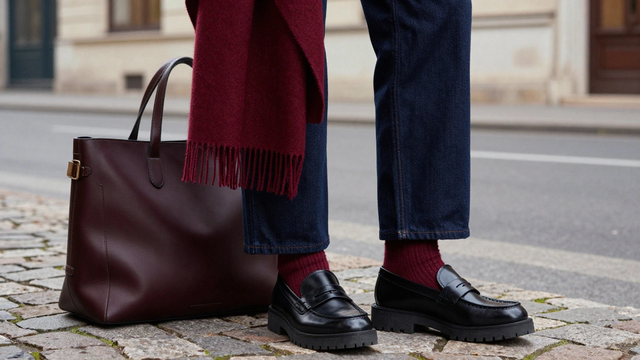 Крупный план массивных лоферов, кожаной сумки-тоута и бордового шарфа
