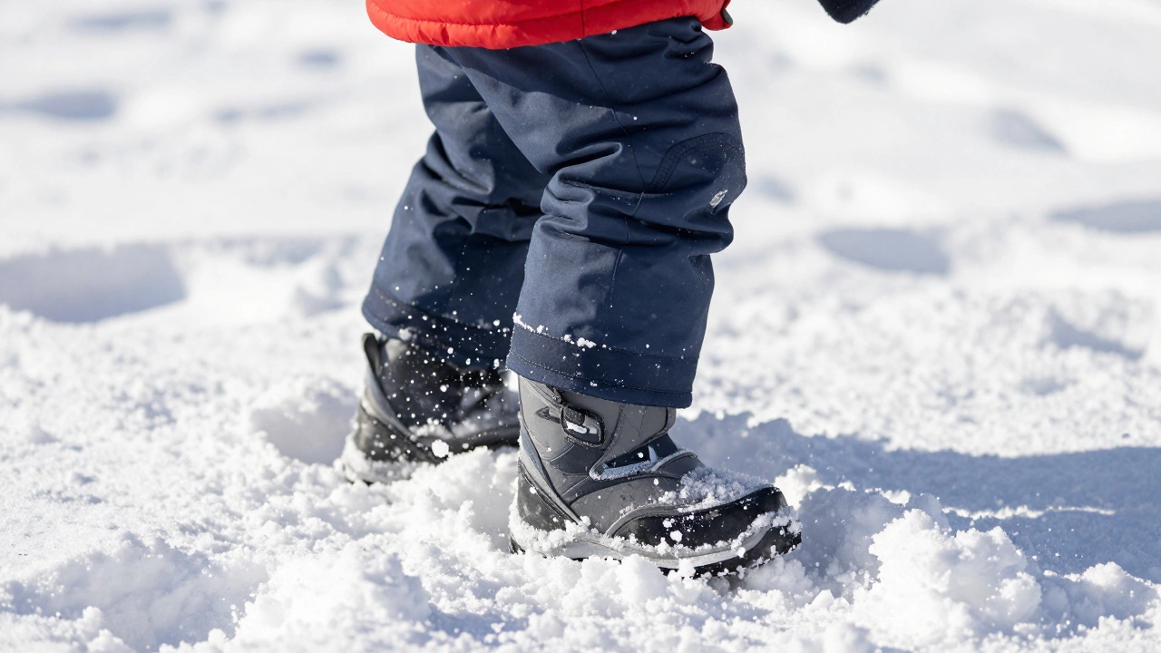 Крупный план снегозащитной гетры детских зимних штанов в глубоком снегу